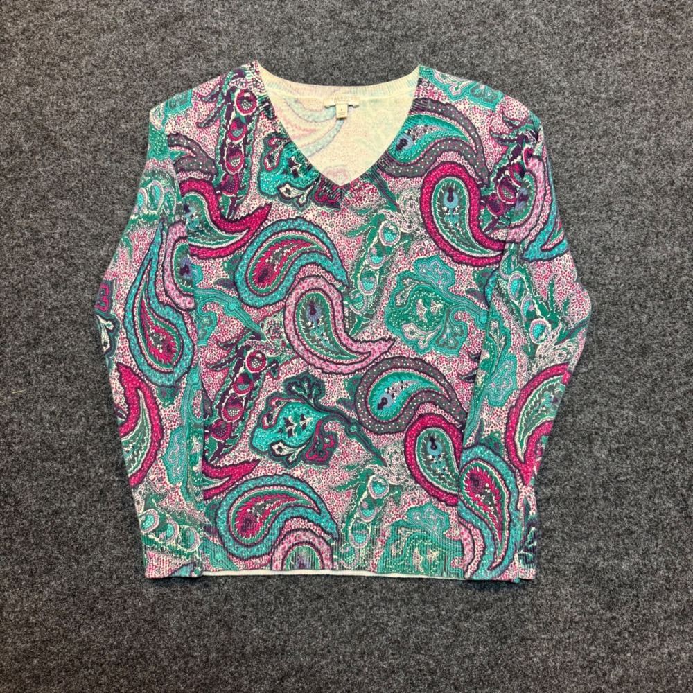 Talbots Petites V-Neck Paisley Sweater Multi-Color Pink Teal Size P